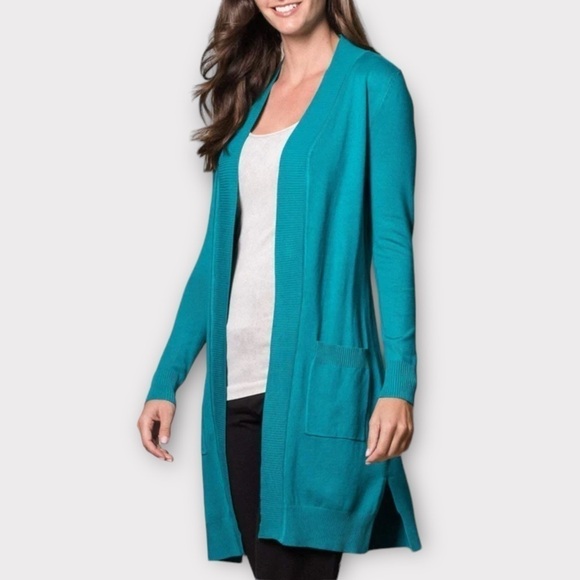 CHICOS Draped Straight Long Cardigan Sweater Open Front Size 3X Bright J… - Picture 1 of 13